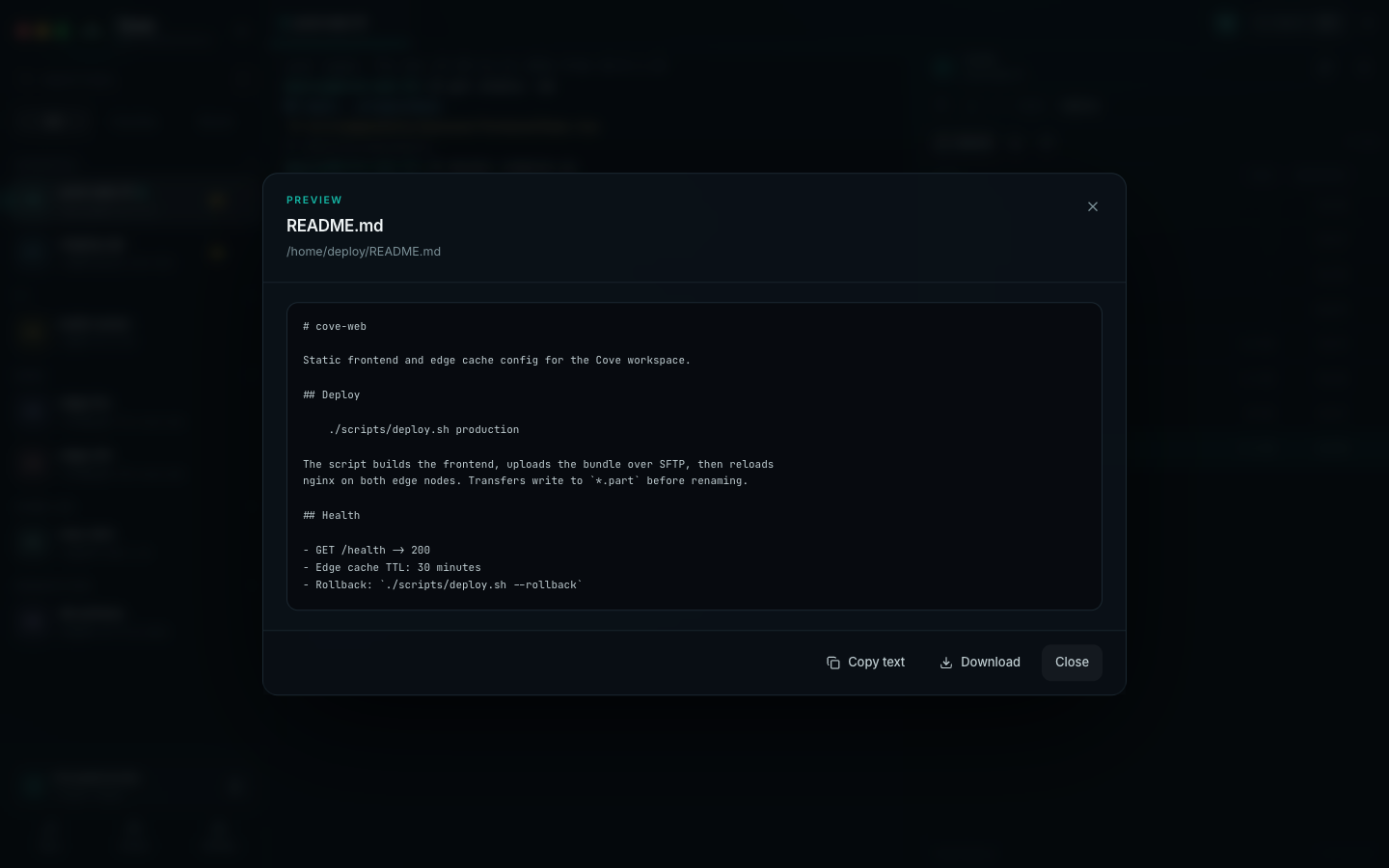 Remote README.md opened in the text preview dialog