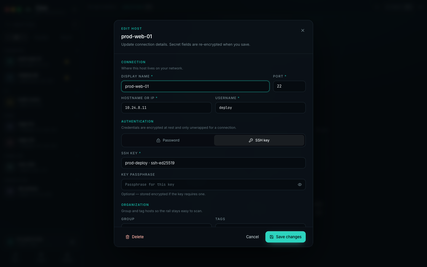 Editing a host profile with key authentication