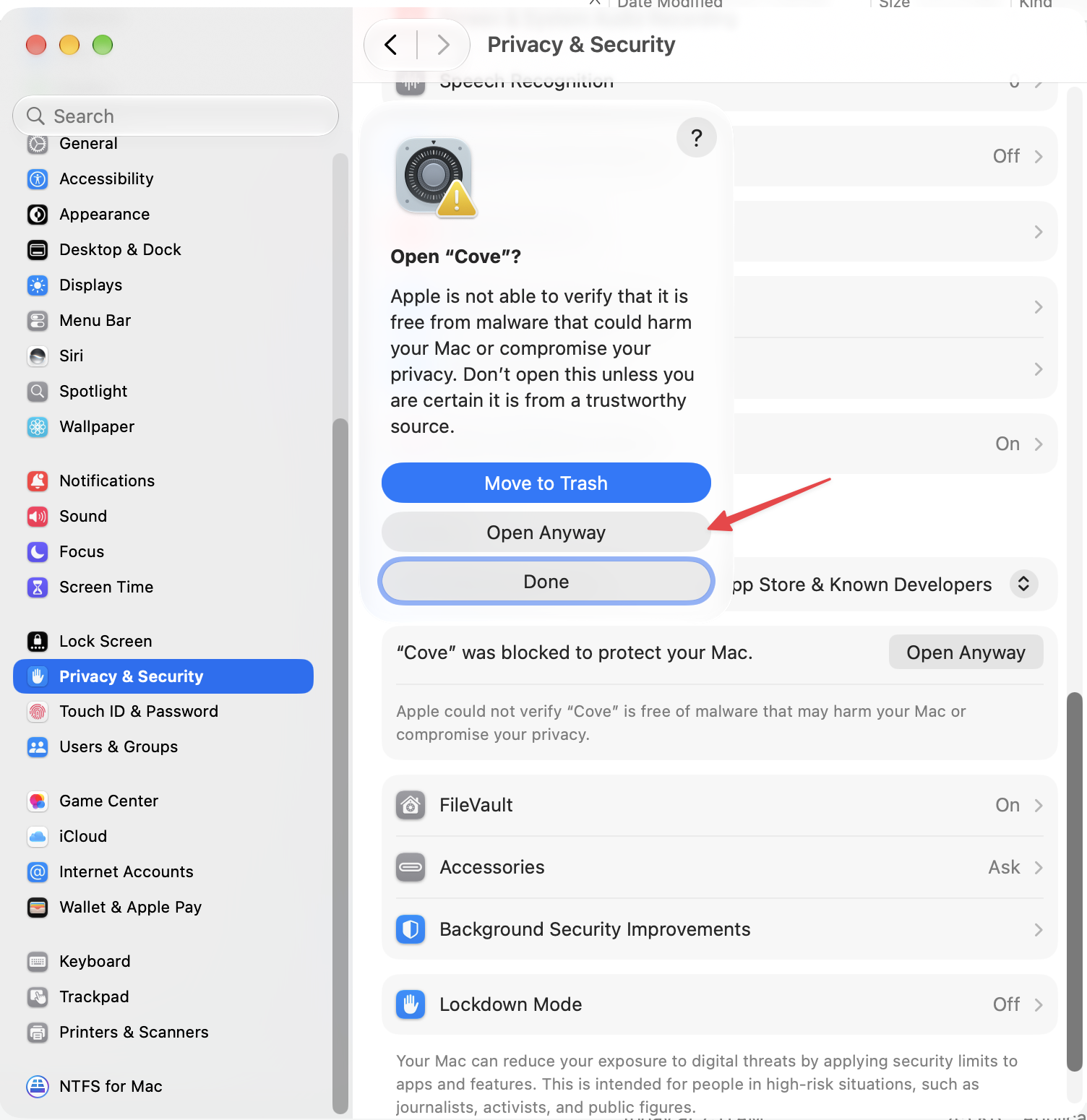 The Open “Cove” confirmation sheet with Move to Trash and Open Anyway buttons