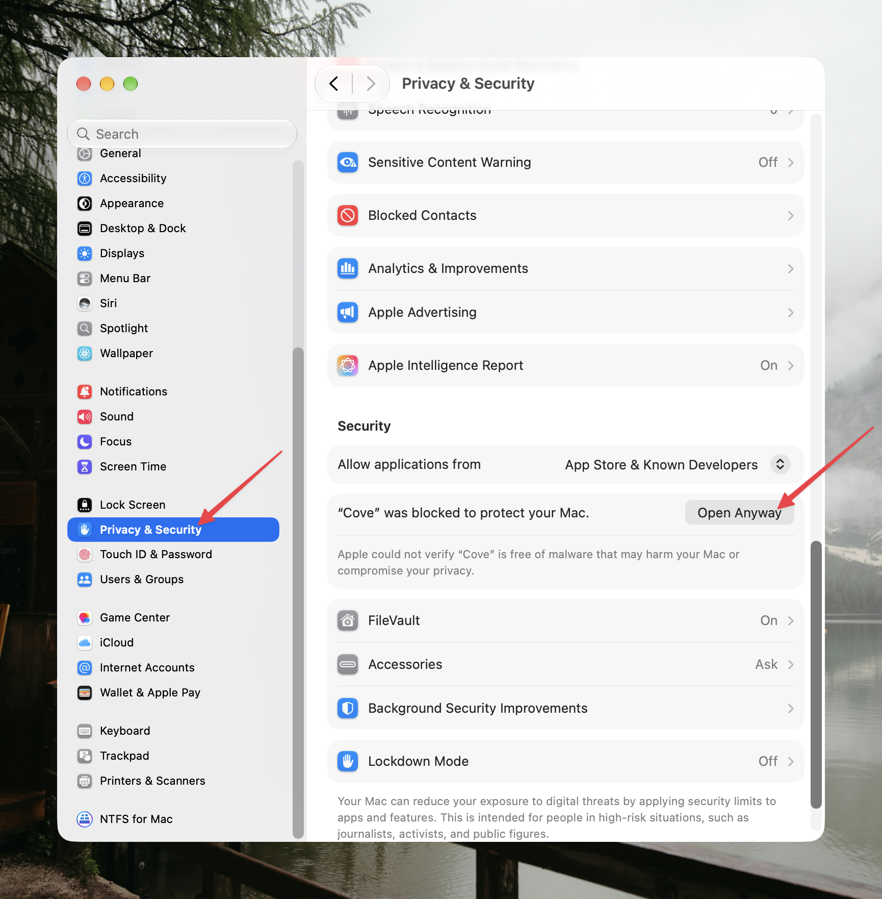 System Settings → Privacy & Security showing “Cove” was blocked to protect your Mac, with the Open Anyway button