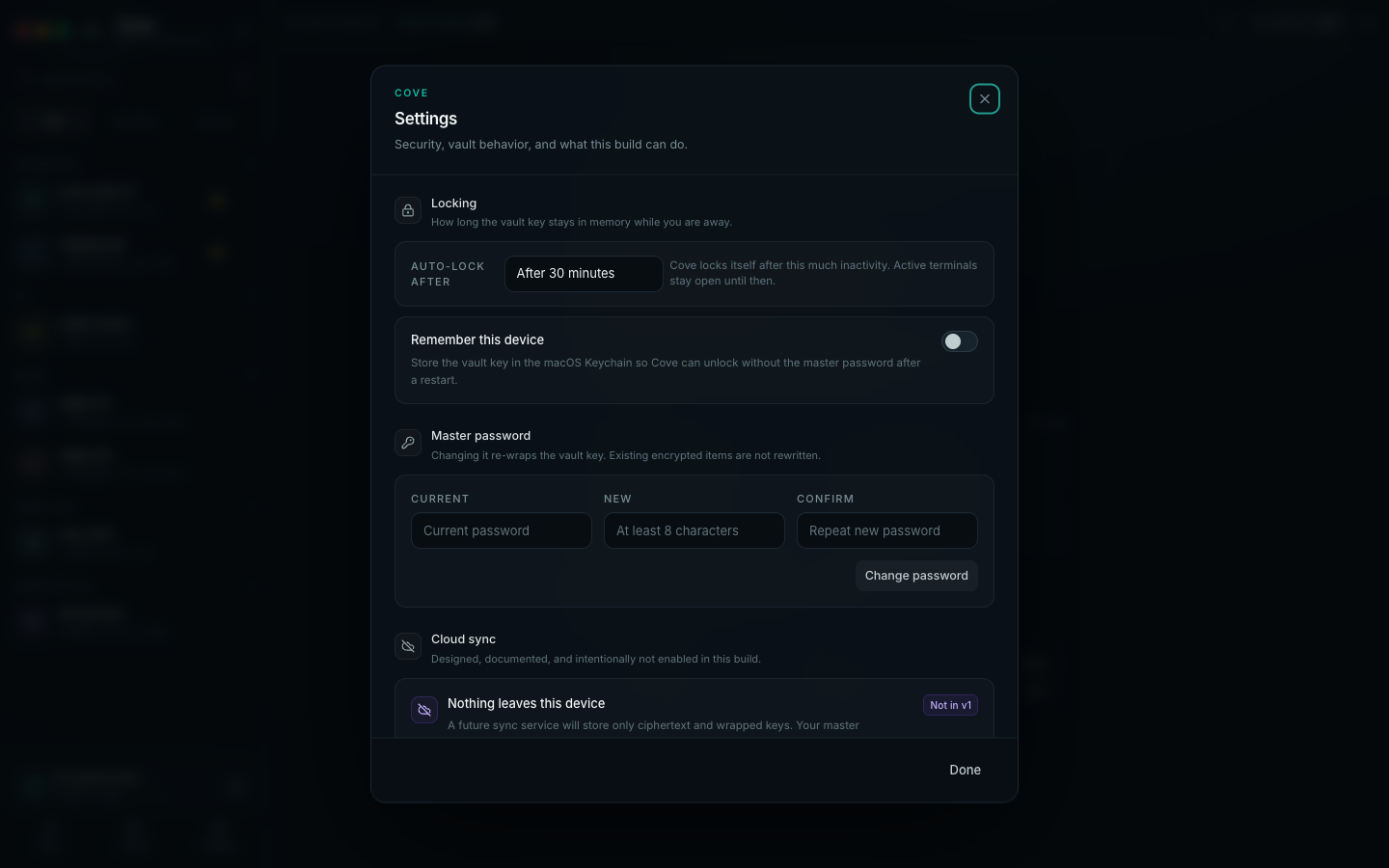 Settings dialog showing auto-lock and master password controls