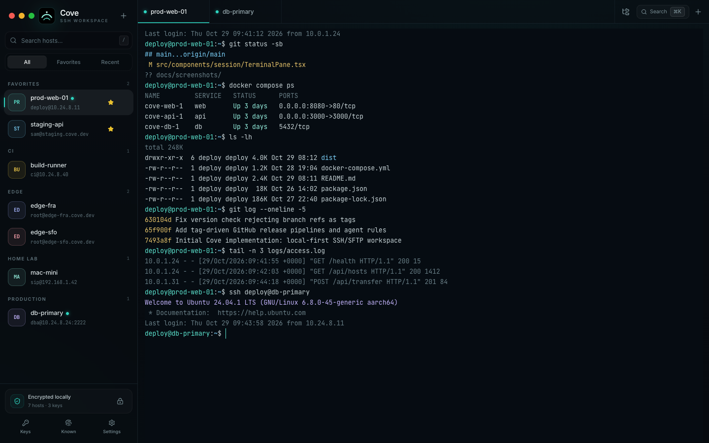 Two SSH terminal tabs connected to demo hosts