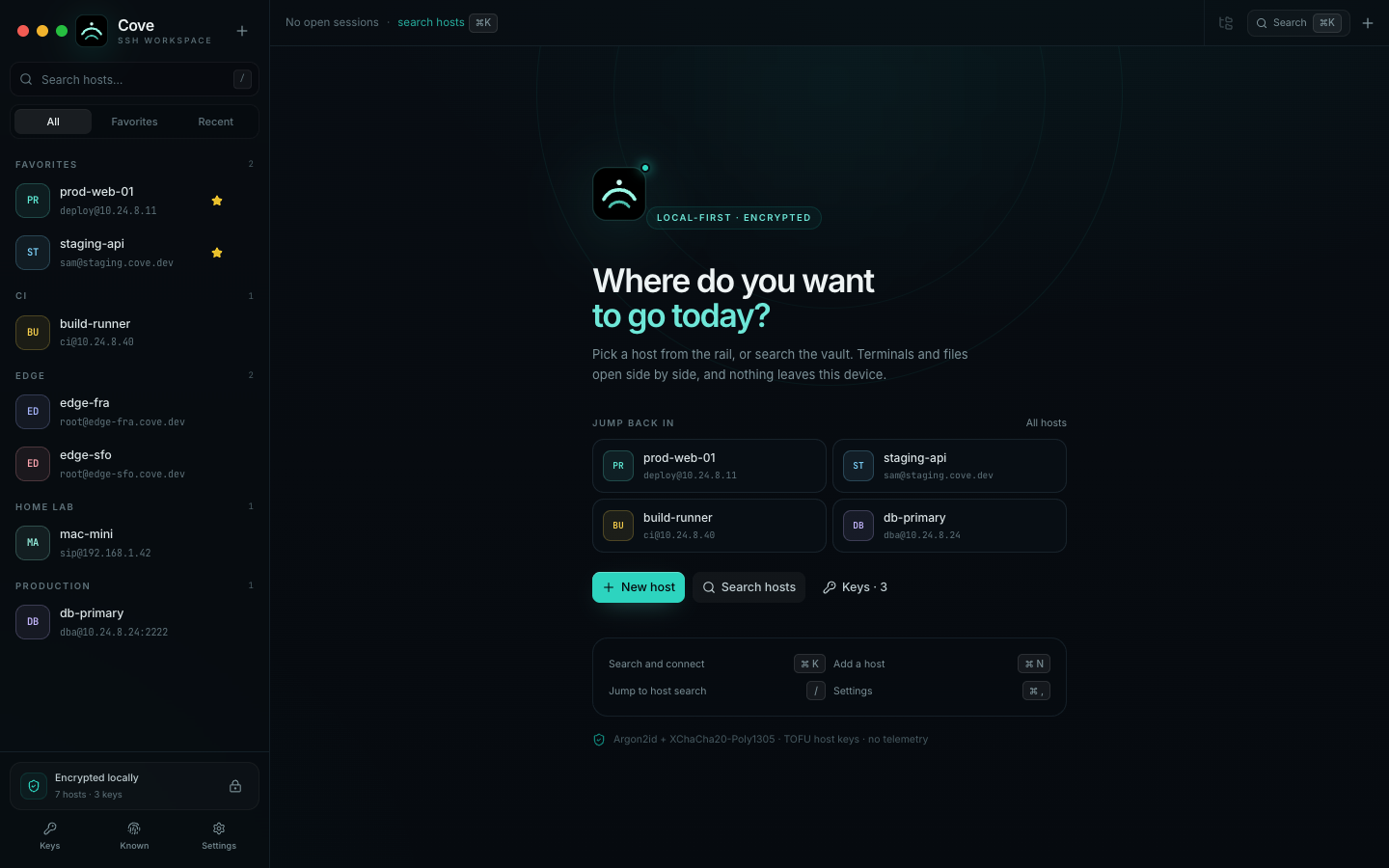 Cove workspace with the encrypted host rail and quick-connect suggestions